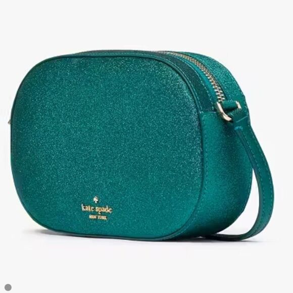 Kate Spade NWT Glimmer Oval Camera Bag Crossbody Teal‎ Glitter Shimmer - Picture 2 of 8